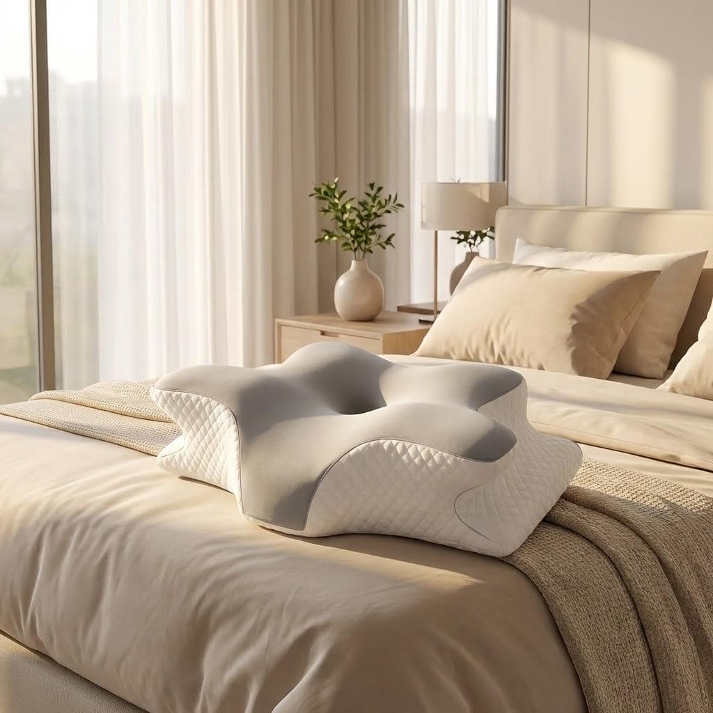 The Lumora pillow on a made bed in a warm, neutral bedroom